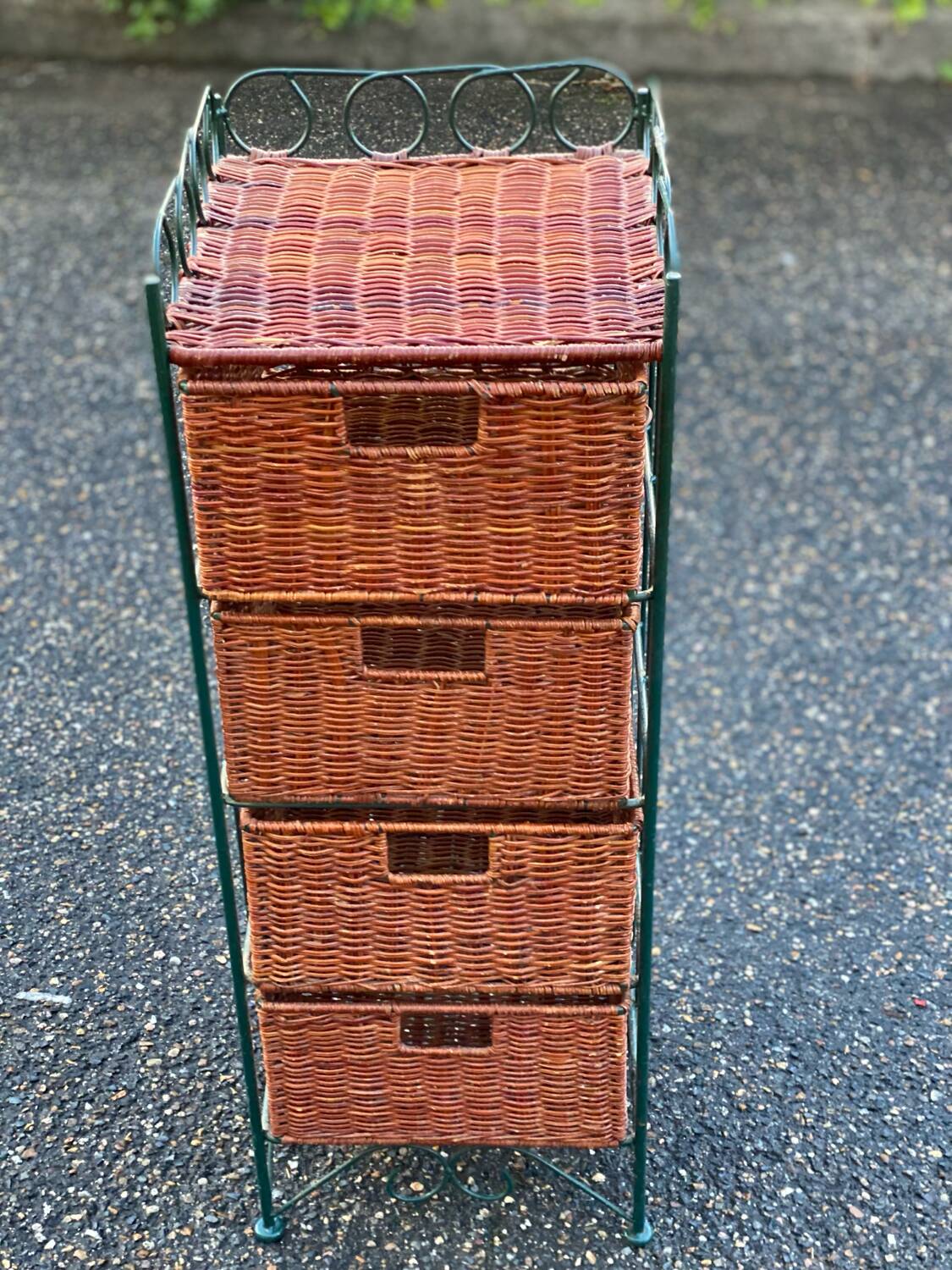 Metal chest of drawers and four woven wicker baskets