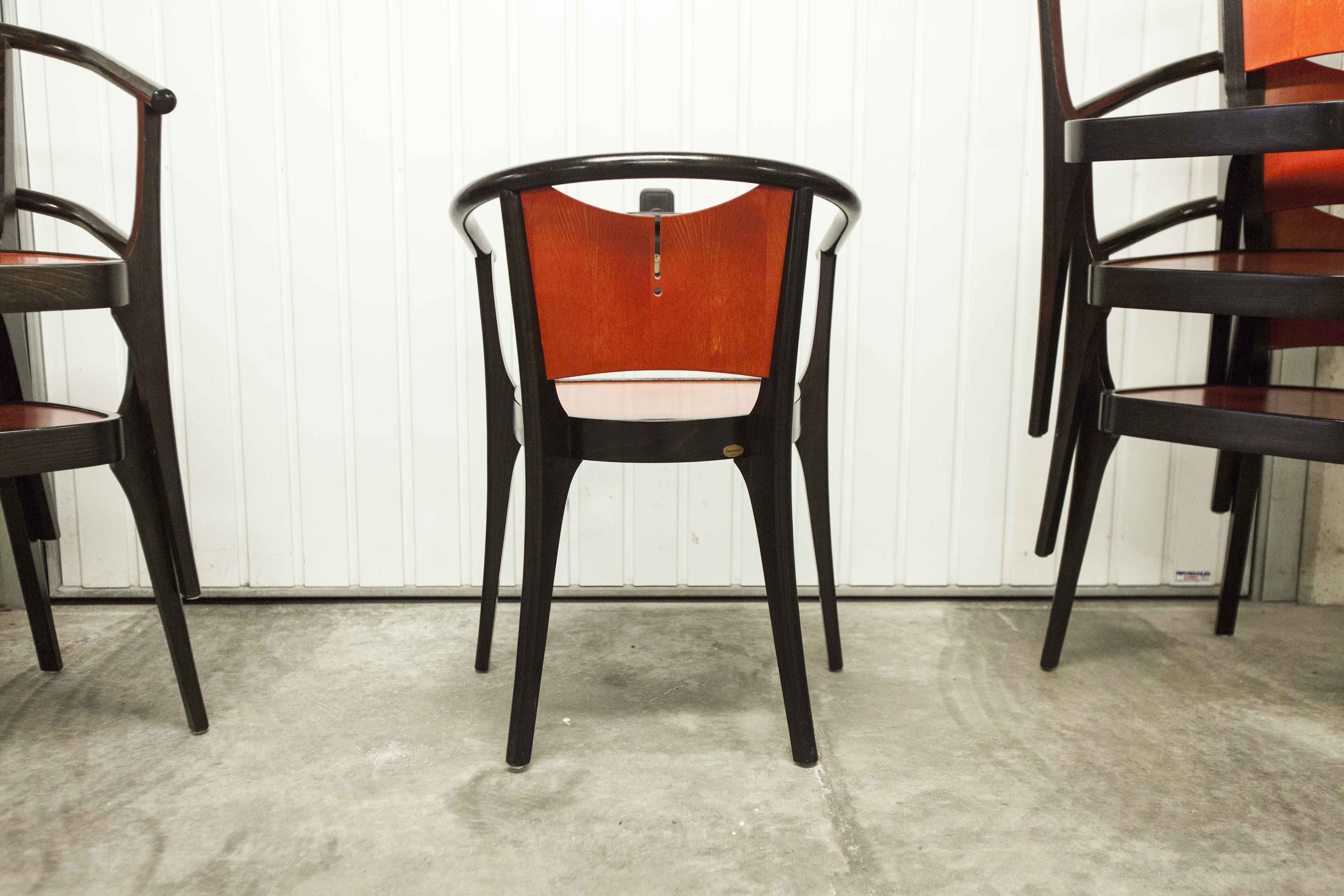 Table and 6 armchairs Baumann Diese, design Pagnon Pelhaître, Wenge color and red,