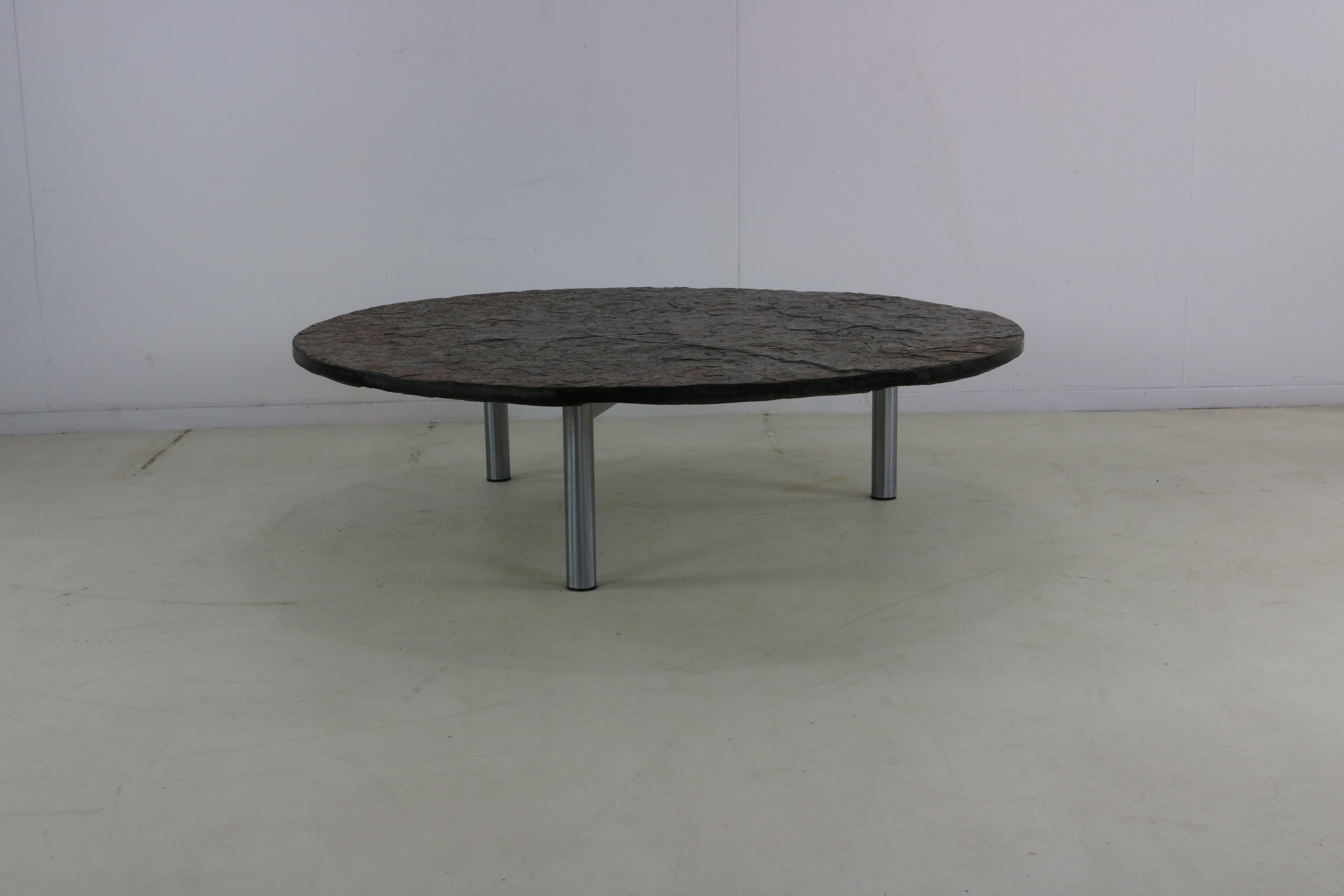 Large brutalist slate stone round coffee table