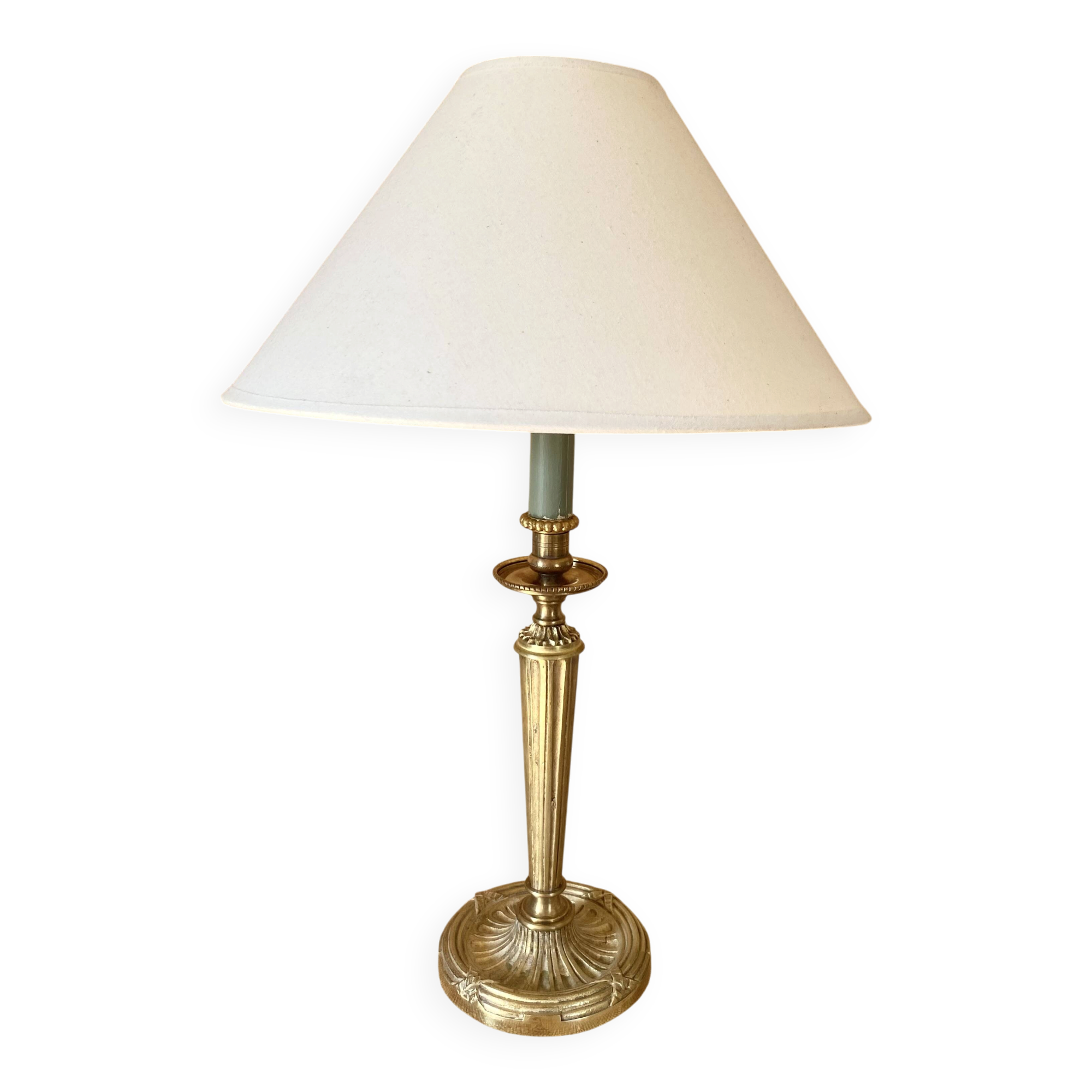 Lampe laiton, câble tissu 2M , abat-jour coton