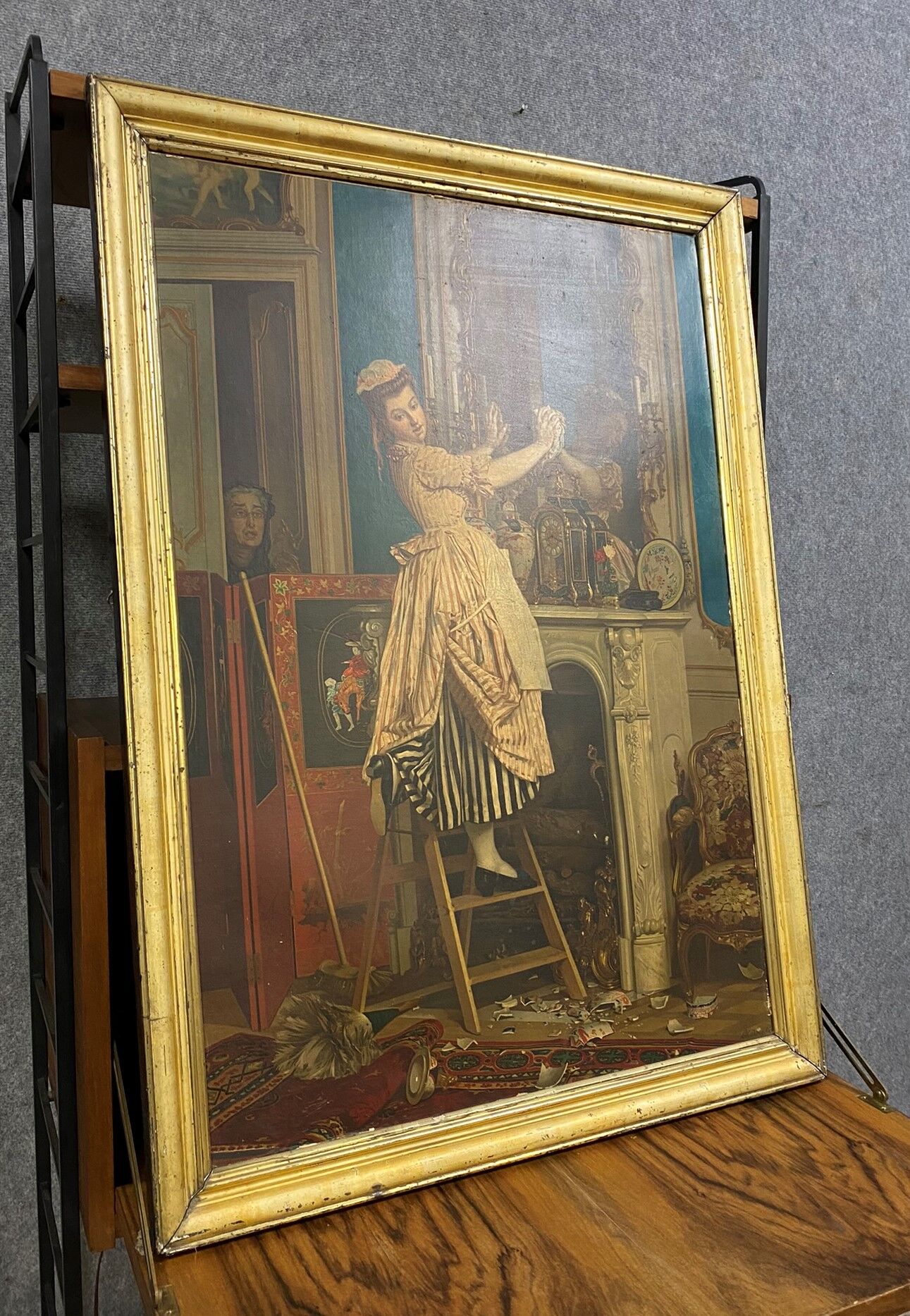 Color chromolithography painting depicting an interior scene circa 1880