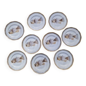 Lot de 9 assiettes plates saint Amand decor poissons