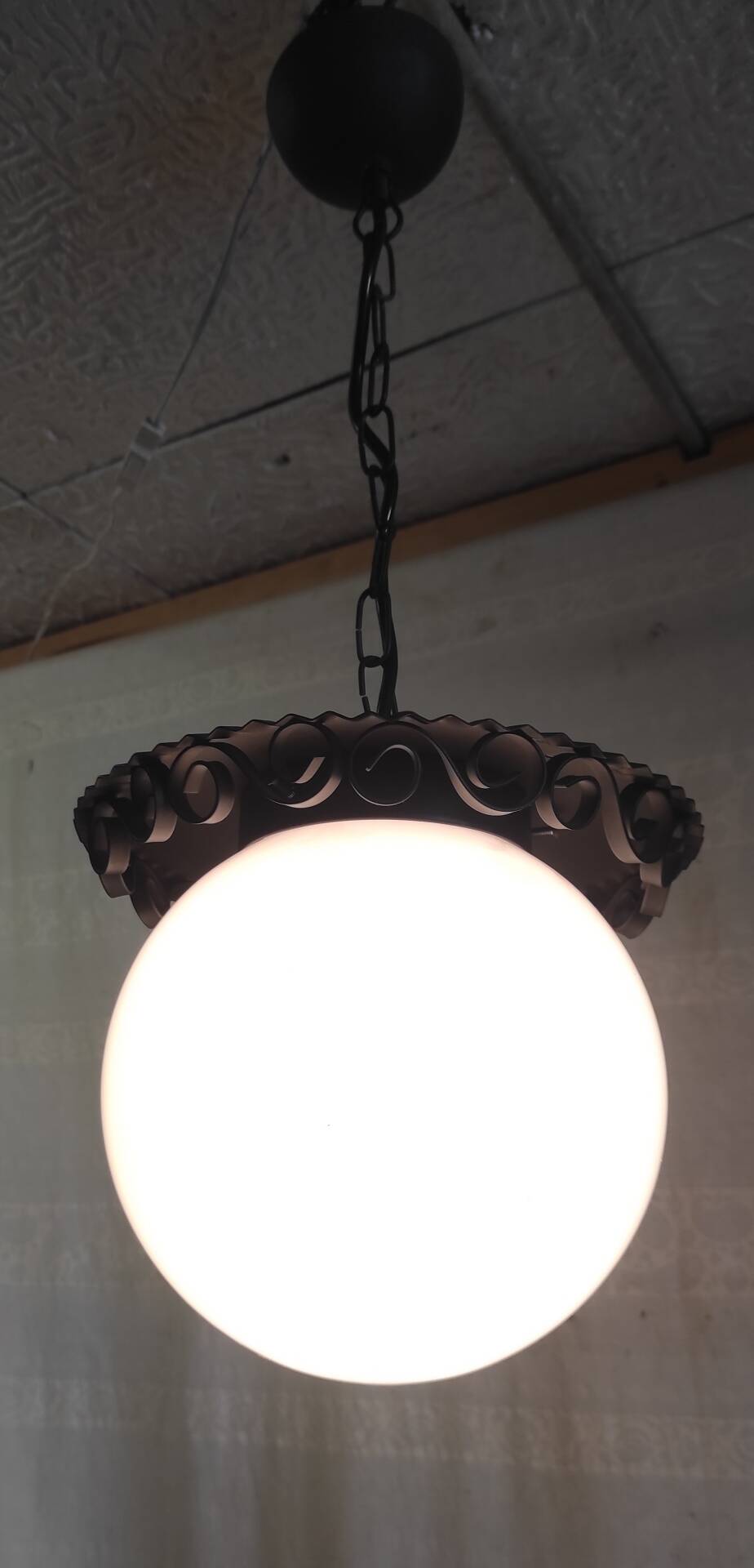 Metal lantern suspension and opaline globe by Delmas - mid 20th century.