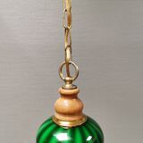 green hanging lamp in double layer glass (white inside) with wooden top and safety chain,
