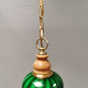 green hanging lamp in double layer glass (white inside) with wooden top and safety chain,