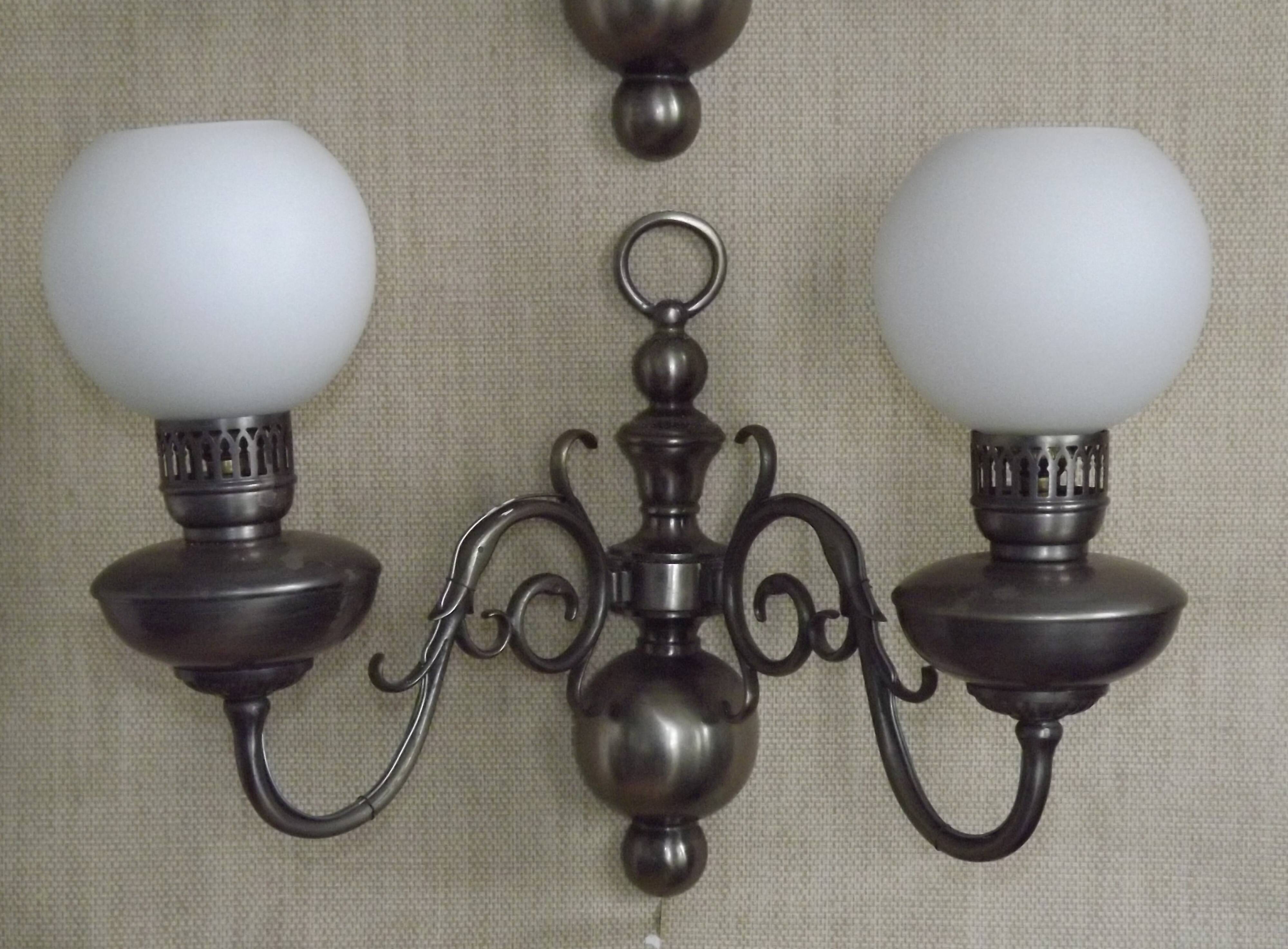 Pair of vintage French silvered Flemish wall sconces, double, with white glass shades 5006.