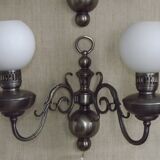 Pair of vintage French silvered Flemish wall sconces, double, with white glass shades 5006.