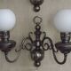 Pair of vintage French silvered Flemish wall sconces, double, with white glass shades 5006.