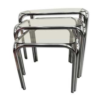 Side tables in chrome tubular metal and glass top 1970