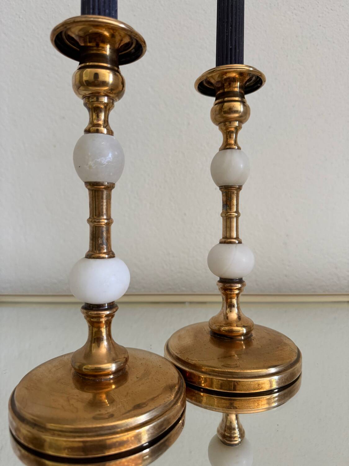 60s gold alabaster metal candlesticks