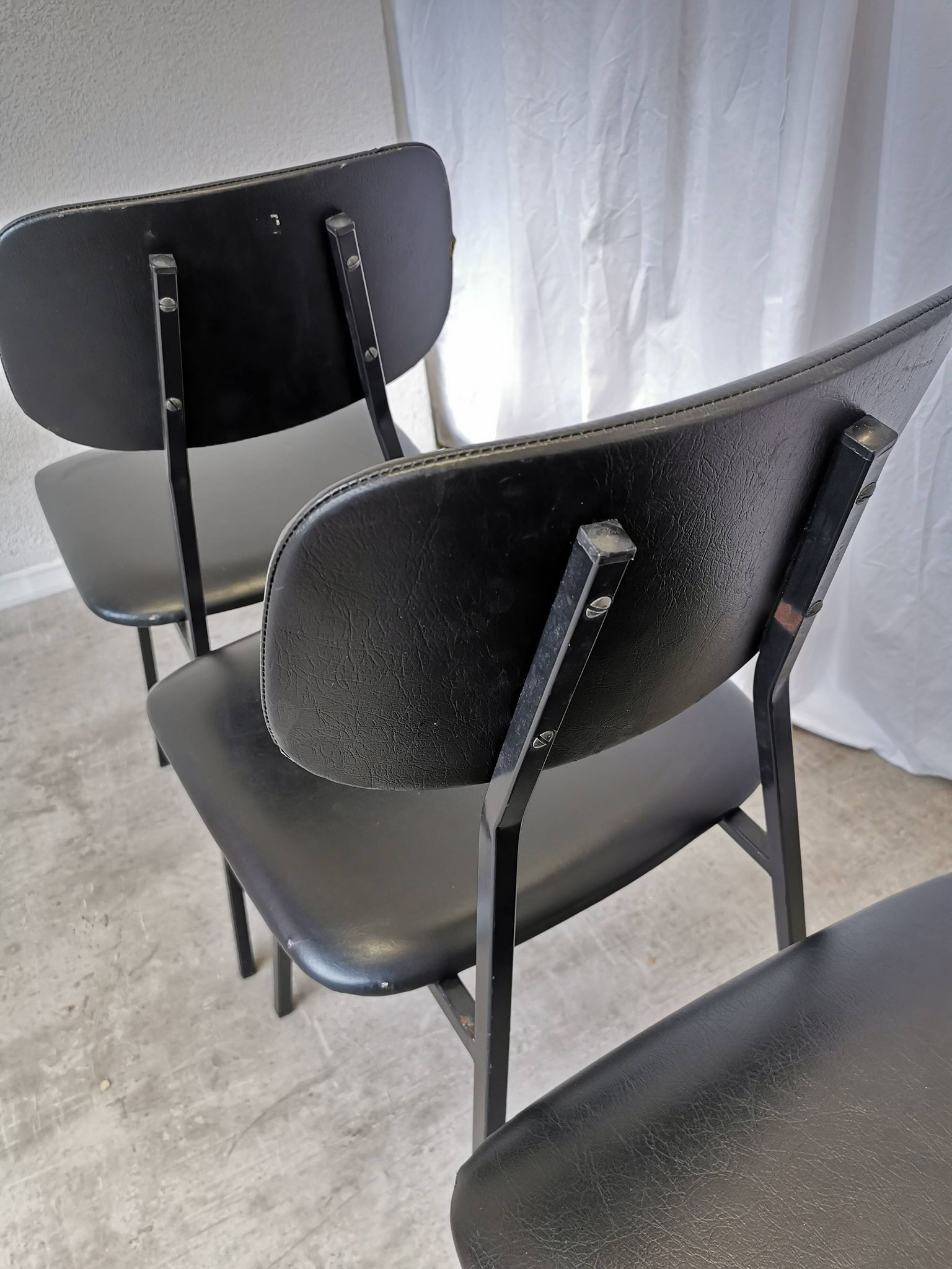 SET of 4 Vintage School Chairs /Black Leather / STOL Kamnik 80s Yugoslavia