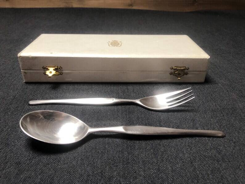 Vintage Christofle Silver Plated Fork and Soup Spoon Set Tapio Wirkkala Duo