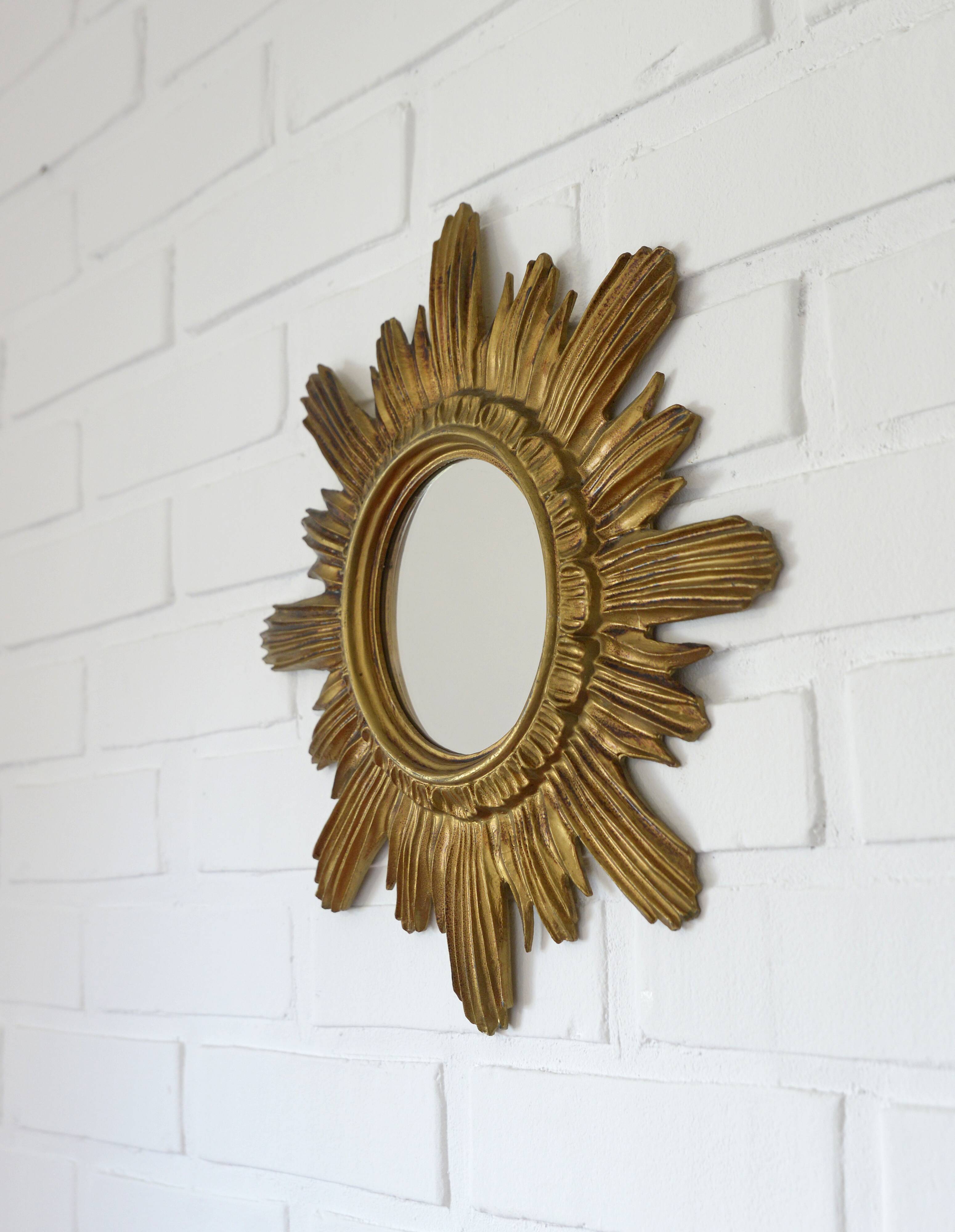 Vintage Gold Sunburst Wall Mirror Made in Italy 1960's Hollywood Regency