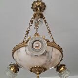 Art Deco alabaster and bronze chandelier, 7-light fixture