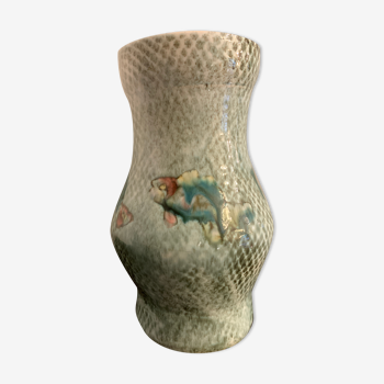 Varnished and speckled vase in Vallauris ceramic with fish decoration