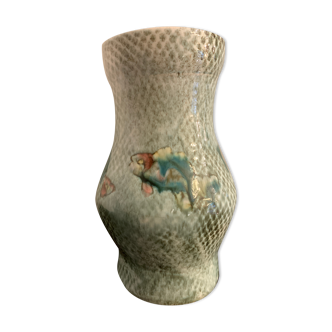 Varnished and speckled vase in Vallauris ceramic with fish decoration