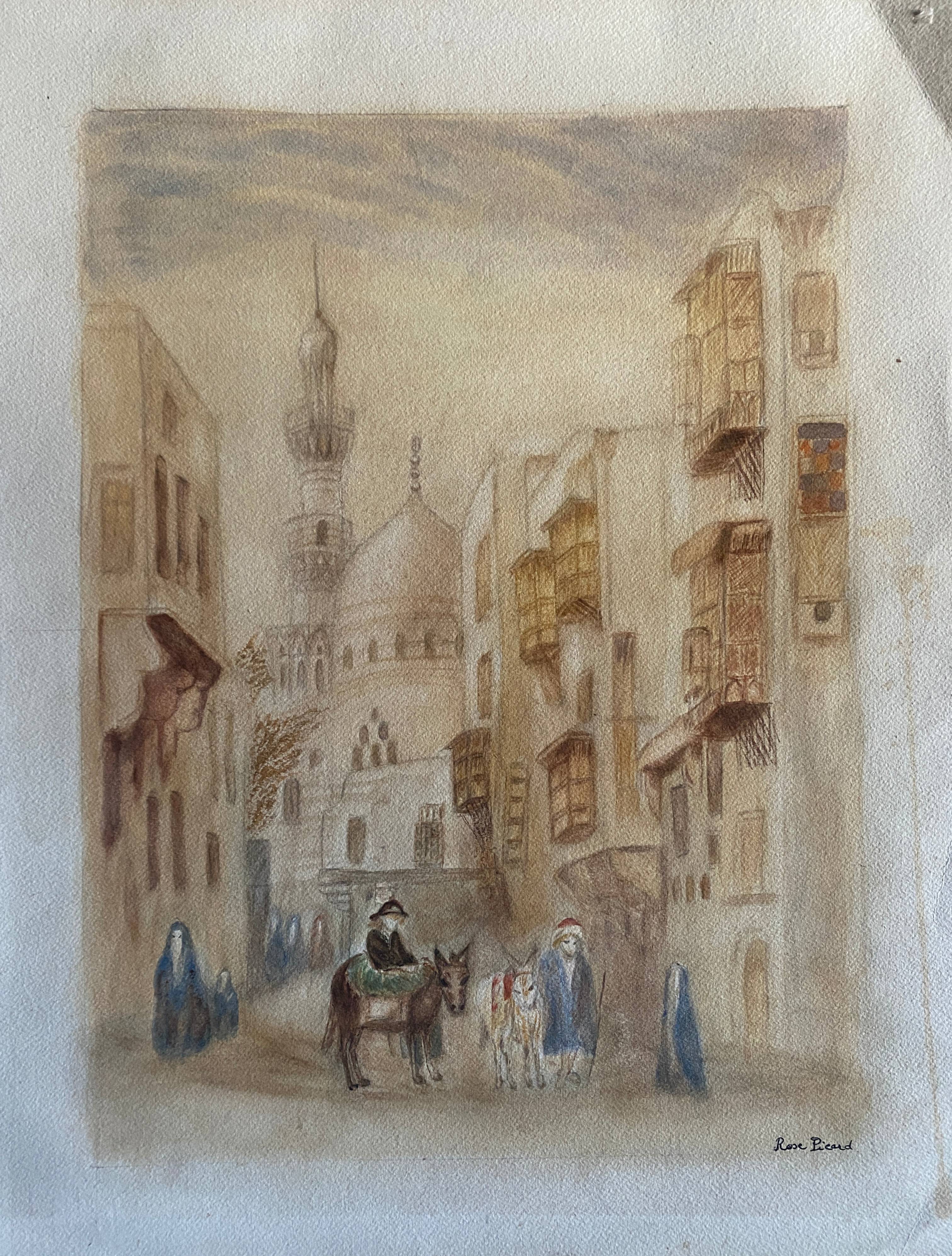 Original watercolor painting "Orientalist View of Medina" signed Rose Picard
