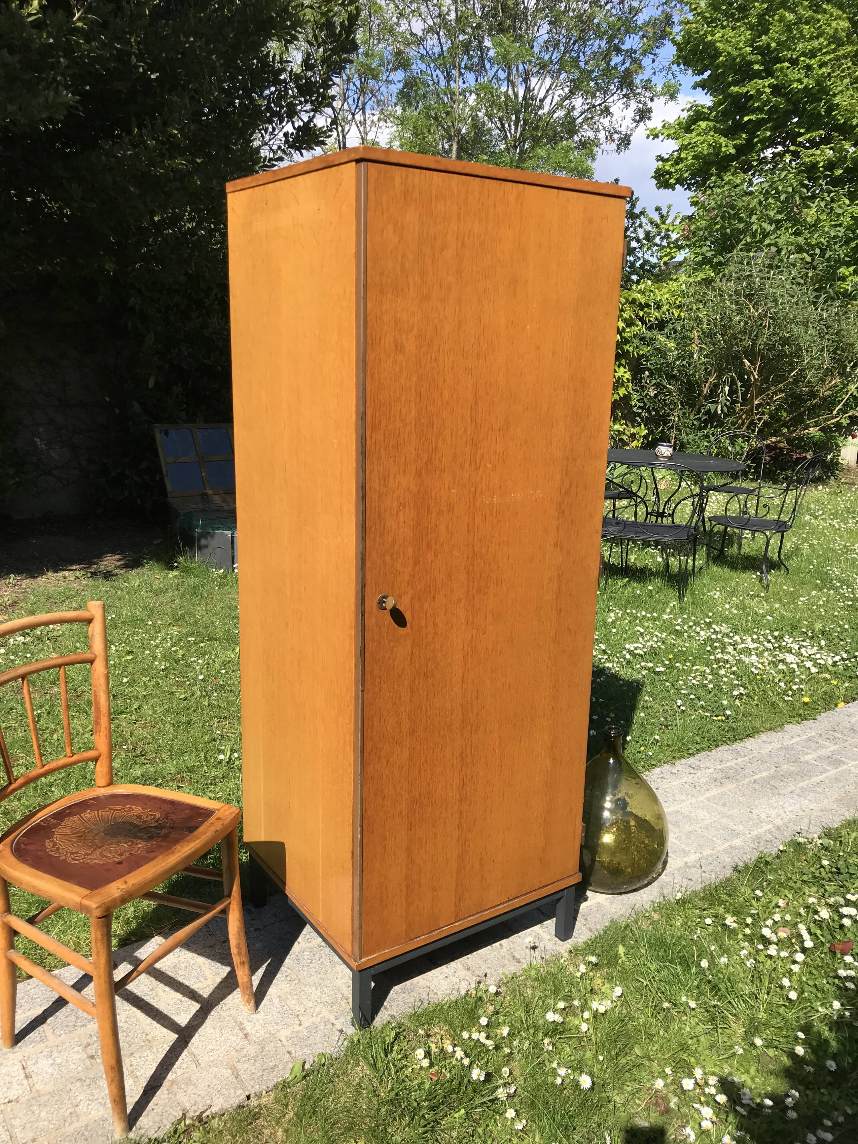 Vintage wardrobe 1960 blond wood and metal feet