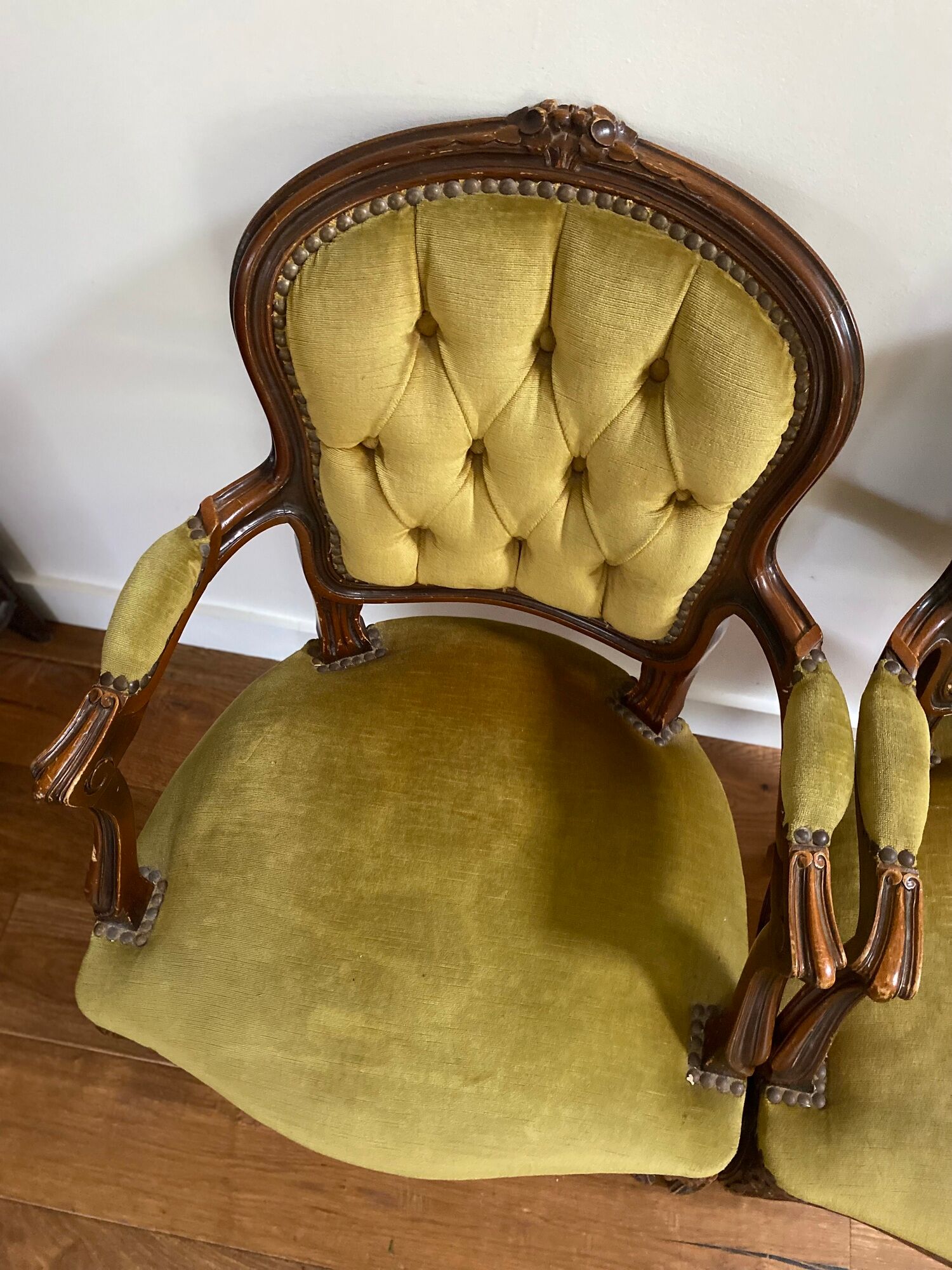 Cabriolets or Bergère armchairs Louis XV style in light green upholstered velvet