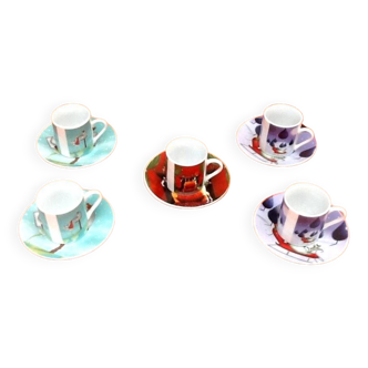 5 Mandy Pritty Porcelain Coffee Cups / Saucers