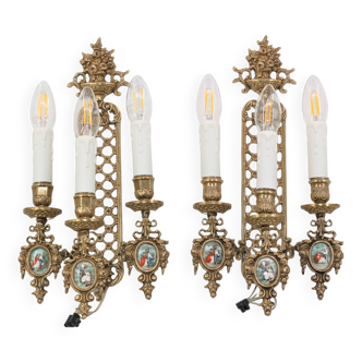 Pair of Three-Light Wall Lamps in Gilt Bronze & Enameled Porcelain Medallion