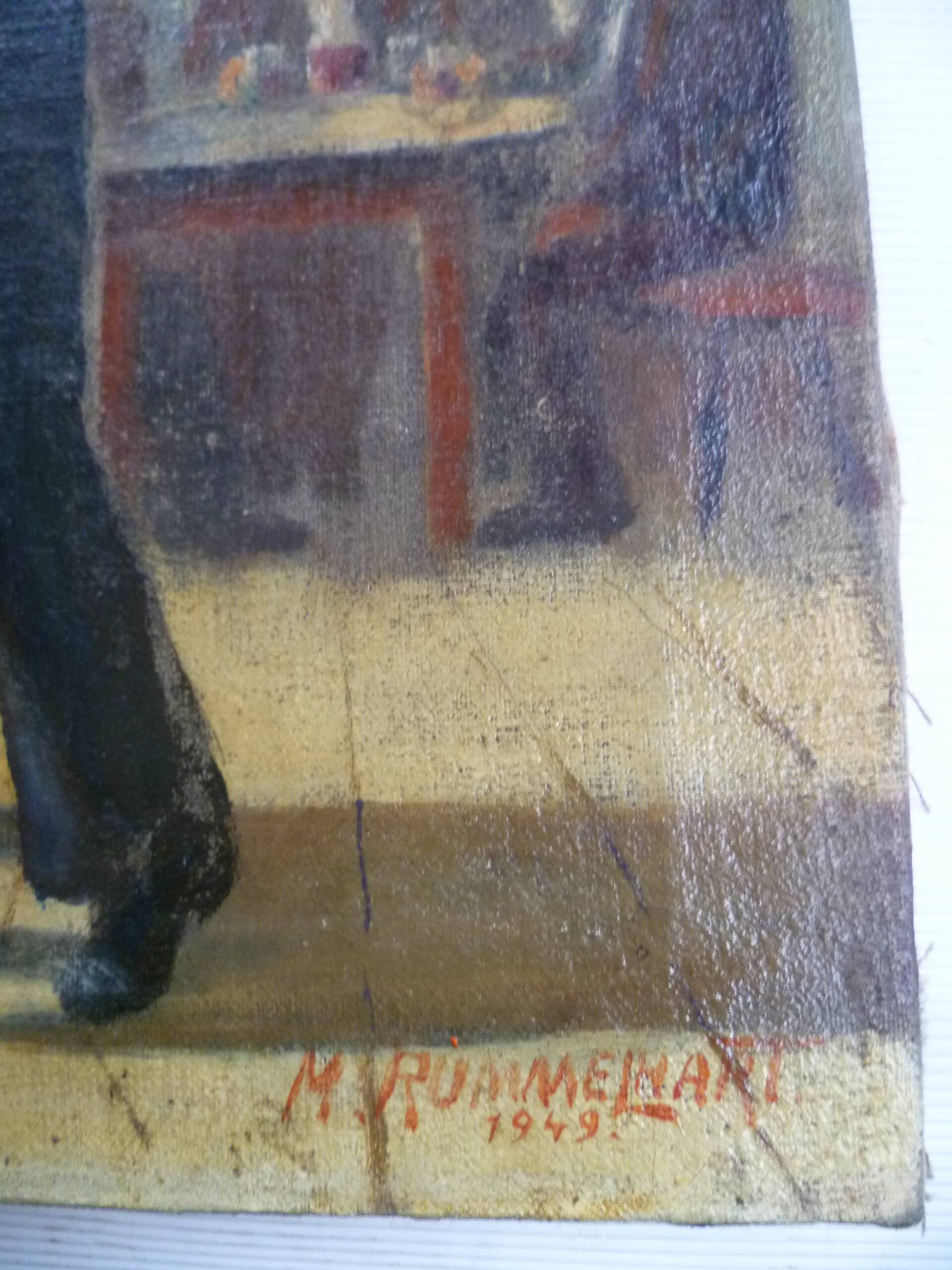 HS PAINTING/CANVAS GENRE SCENE "DANCING COUPLE" signed M.RUMMELHART 1949