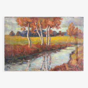 HST Painting Felix de Cholet Nuits Saint Georges "Landscape at the River" Fauvism