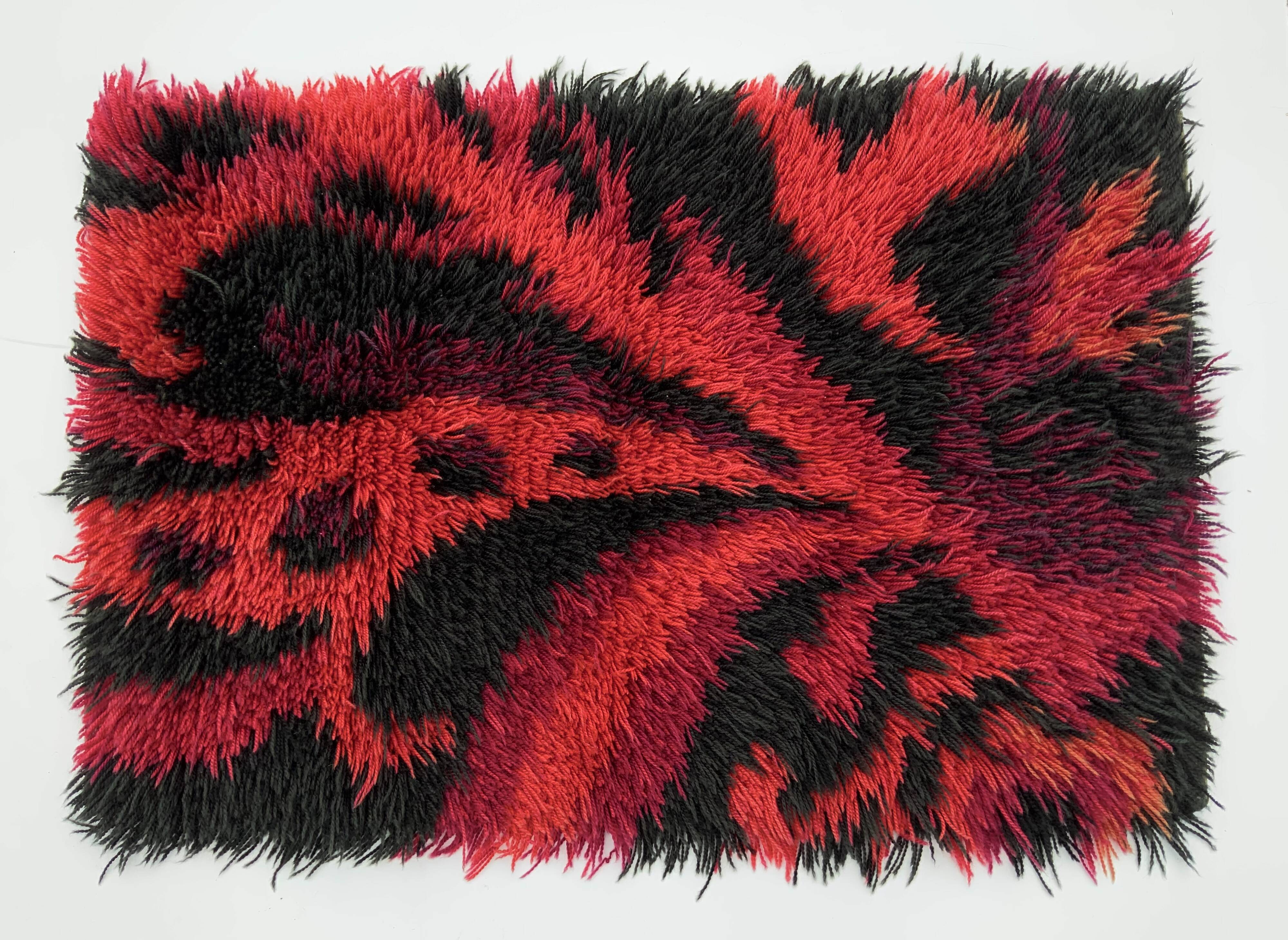 Vintage Red Scandinavian Design Wool Rya Rug Woven Handmade Vintage 1970s