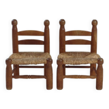 Low fireplace chairs, French, wood and straw set of 2