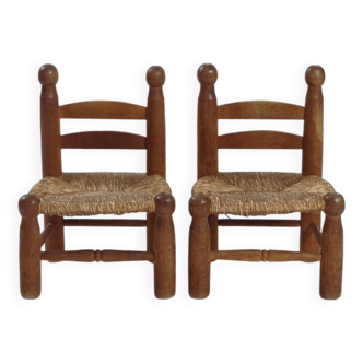 Chaises basses de cheminée, françaises, bois et paille, lot de 2