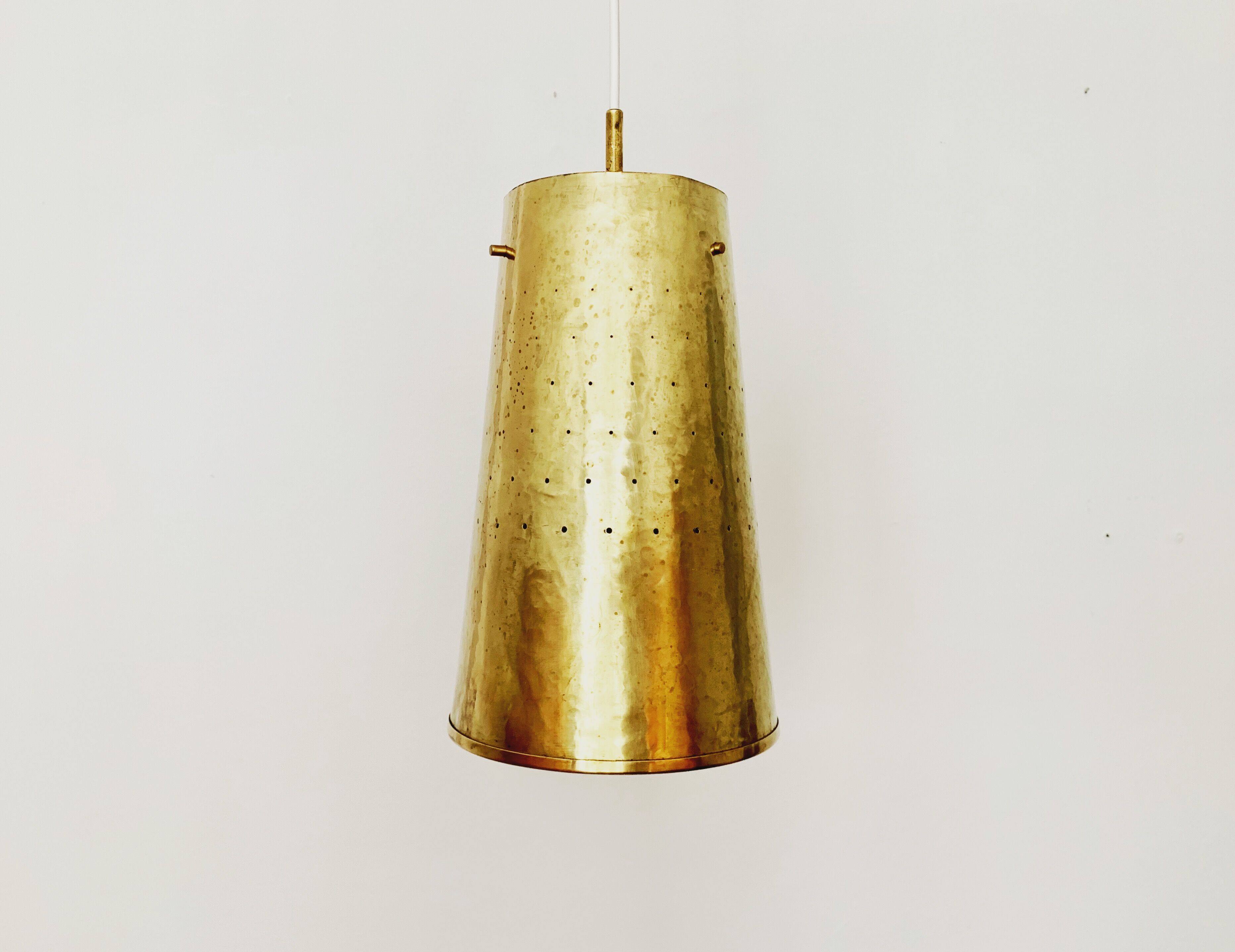 Set of 2 large Mid Century Modern perforated brass pendant lamps