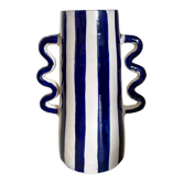 Klein blue and white striped abstract vases in handmade ceramic with wavy handles