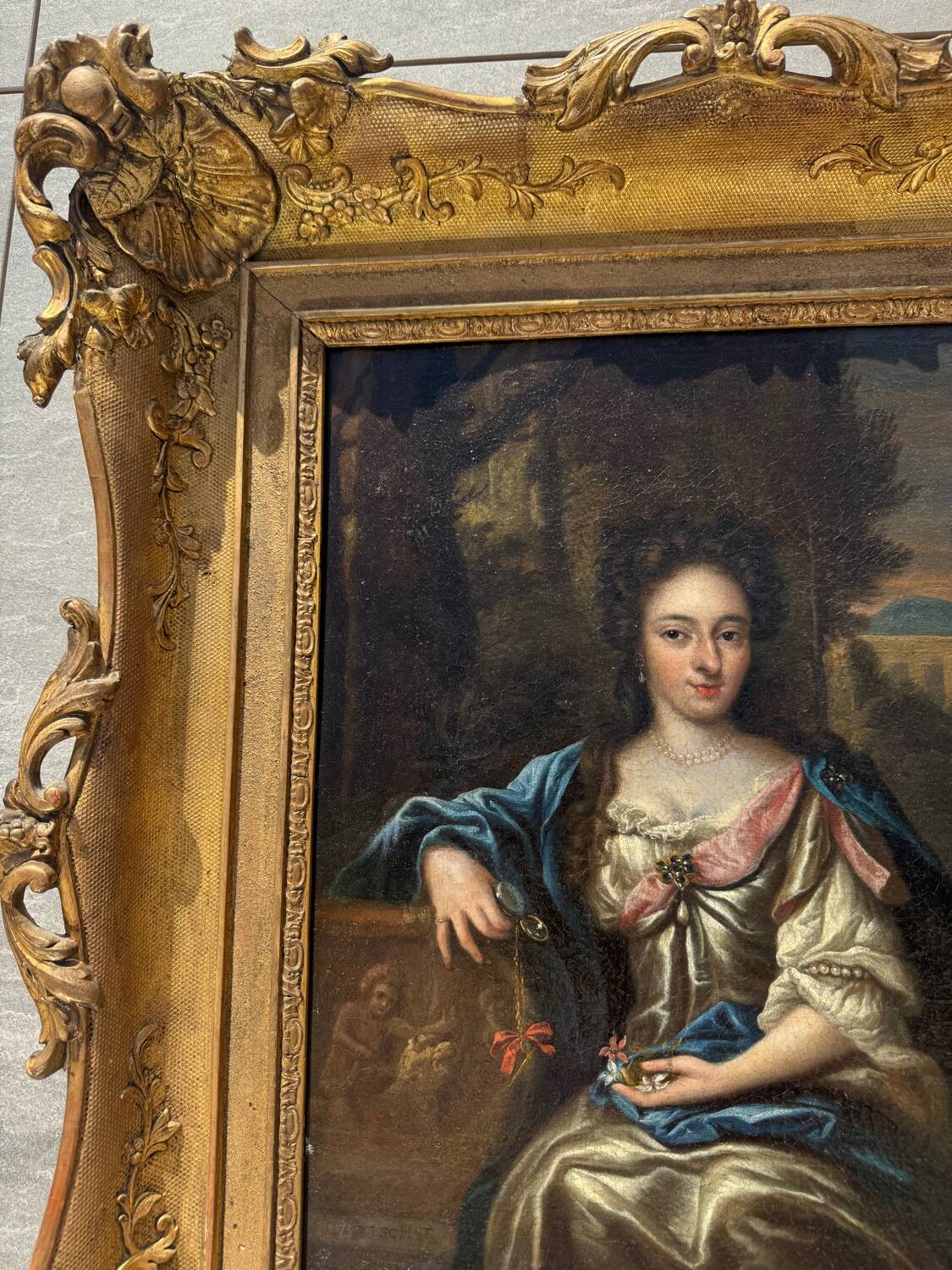 Antique painting, portrait of a gallant woman signed early 18th century