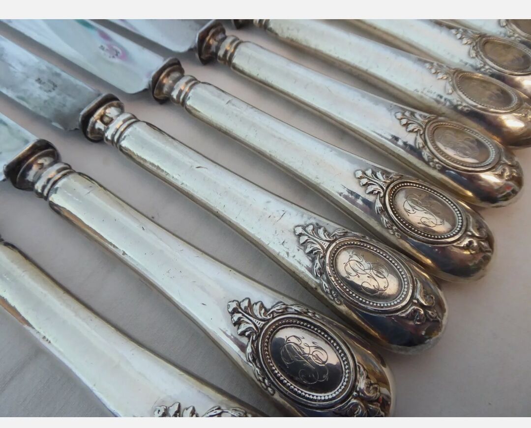 12 old filled silver handle knives