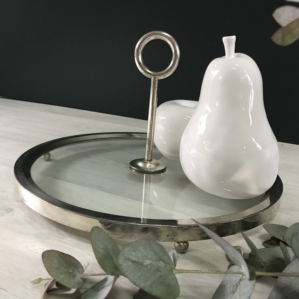 Glass cheese platter and silver metal