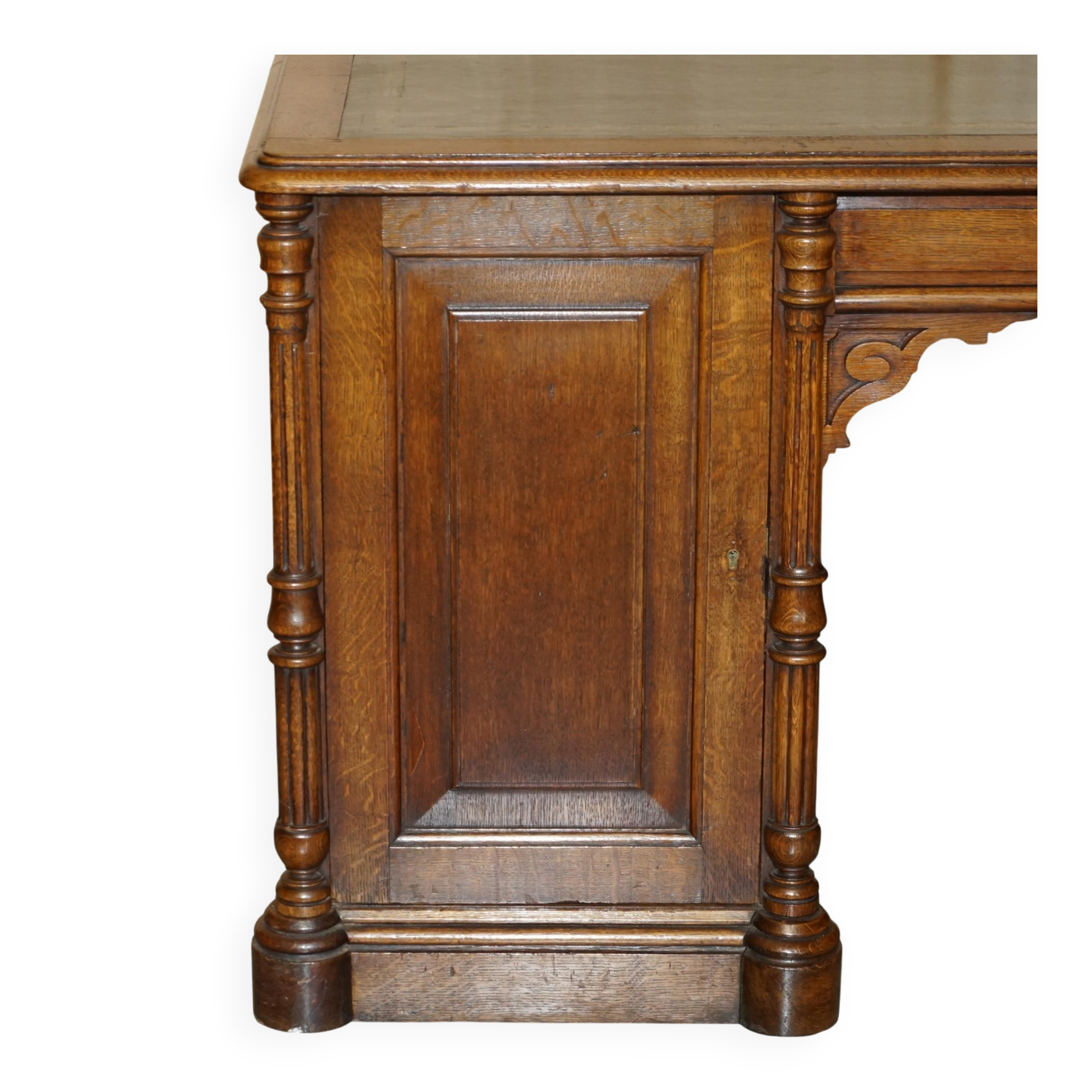 Antique double-sided desk C Hindley & Son in oak and leather