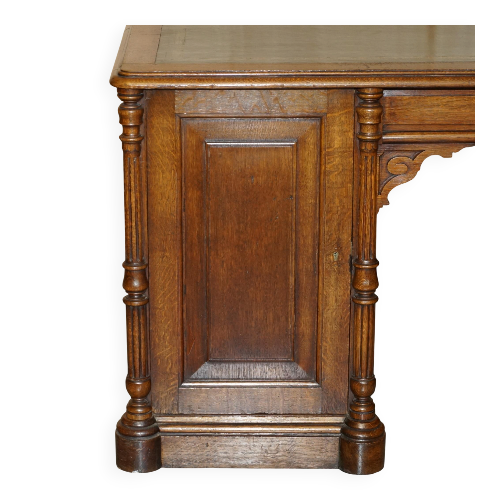 Antique double-sided desk C Hindley & Son in oak and leather