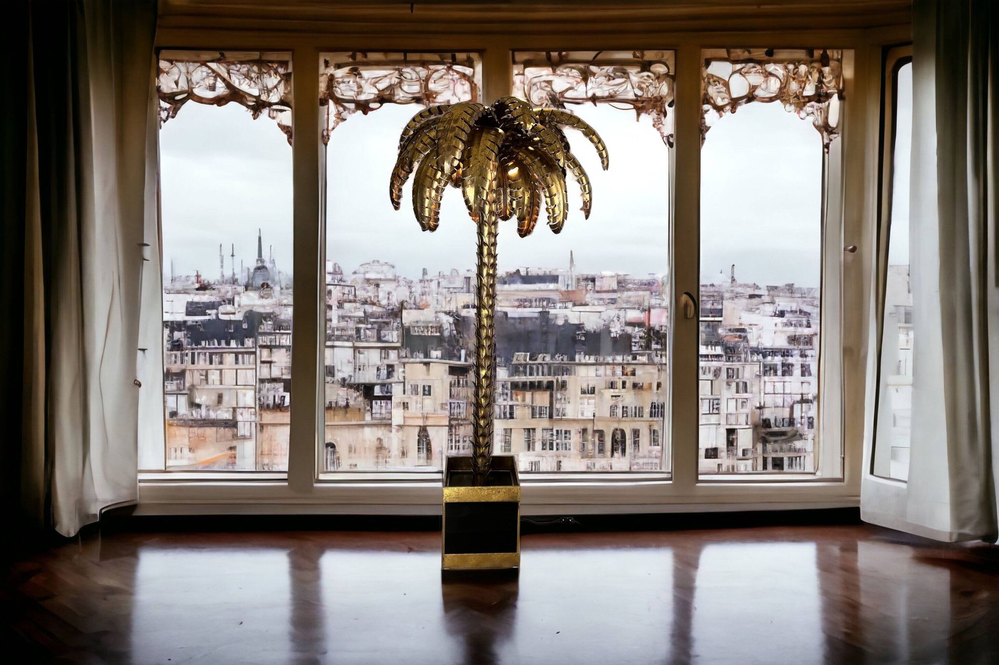 Lampadaire de style " jansen " en forme de palmier en métal doré de 181 cm