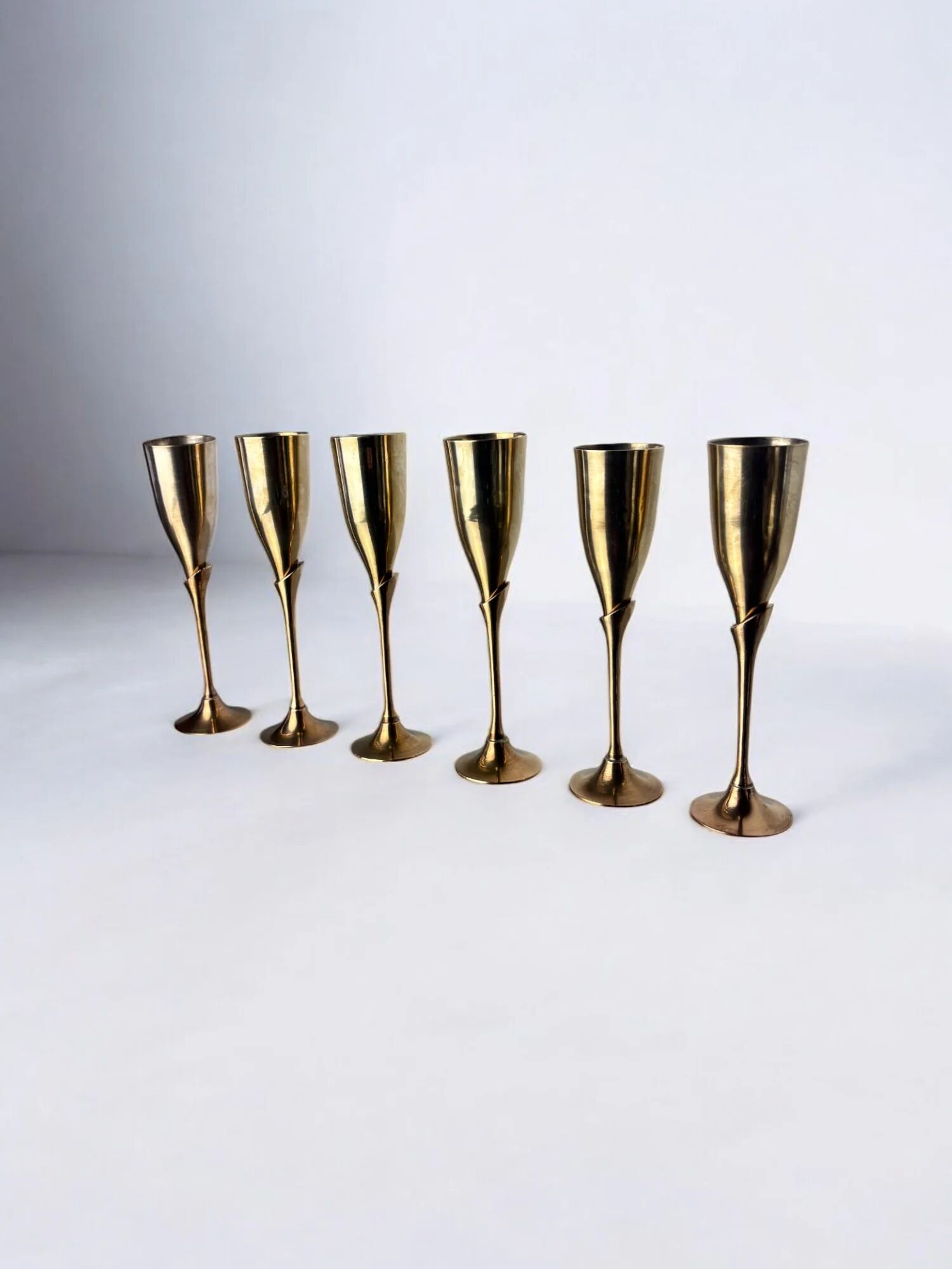 Brutalist champagne glasses in brass, set of 6, Spain, 1970s