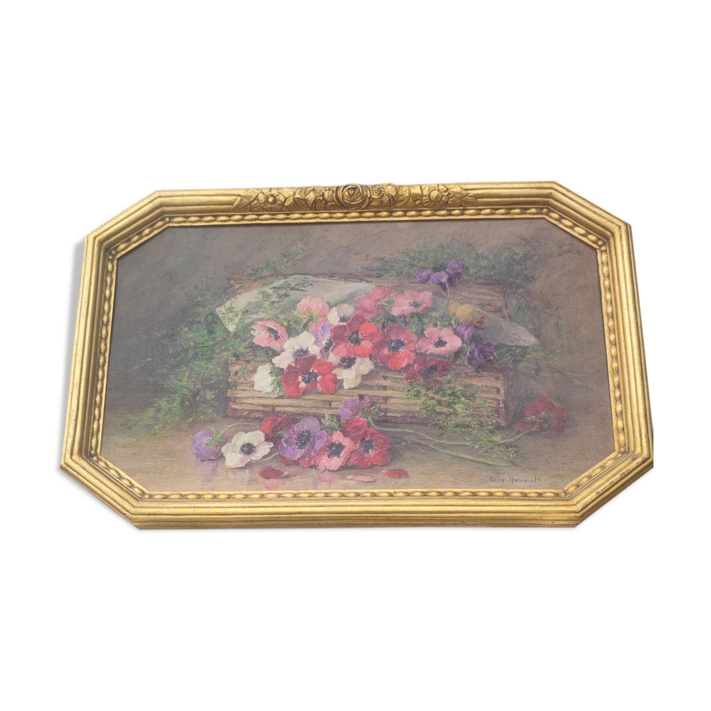 Still life painting, bouquet of flowers, oil on wood by Lillie Honnorat