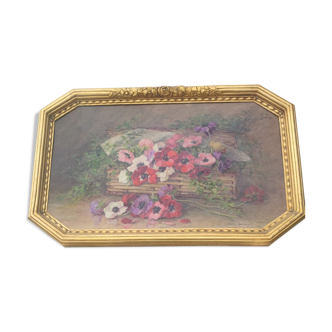 Tableau nature morte bouquet de fleurs huile sur bois par Lillie Honnorat