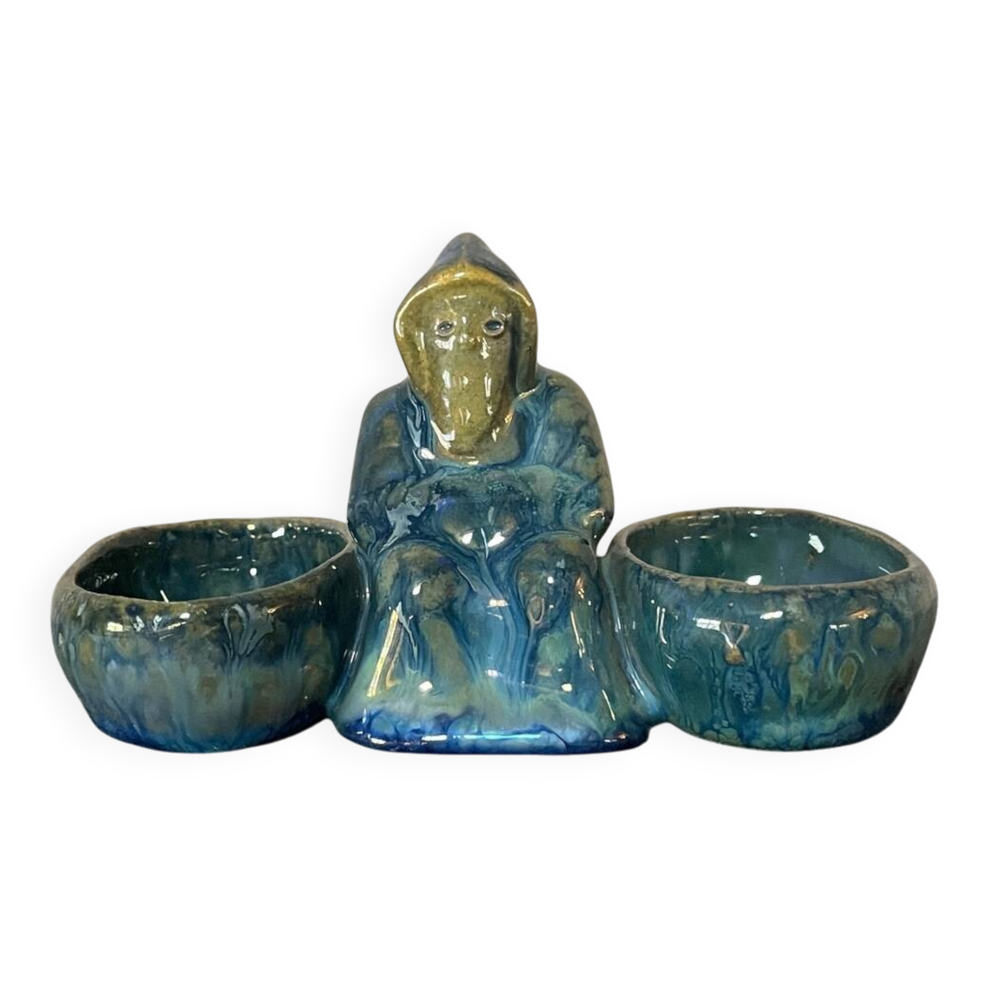 SALERON DOUBLE MONK IN FLAMED STONEWARE FROM RAMBERVILLERS TABLE ART