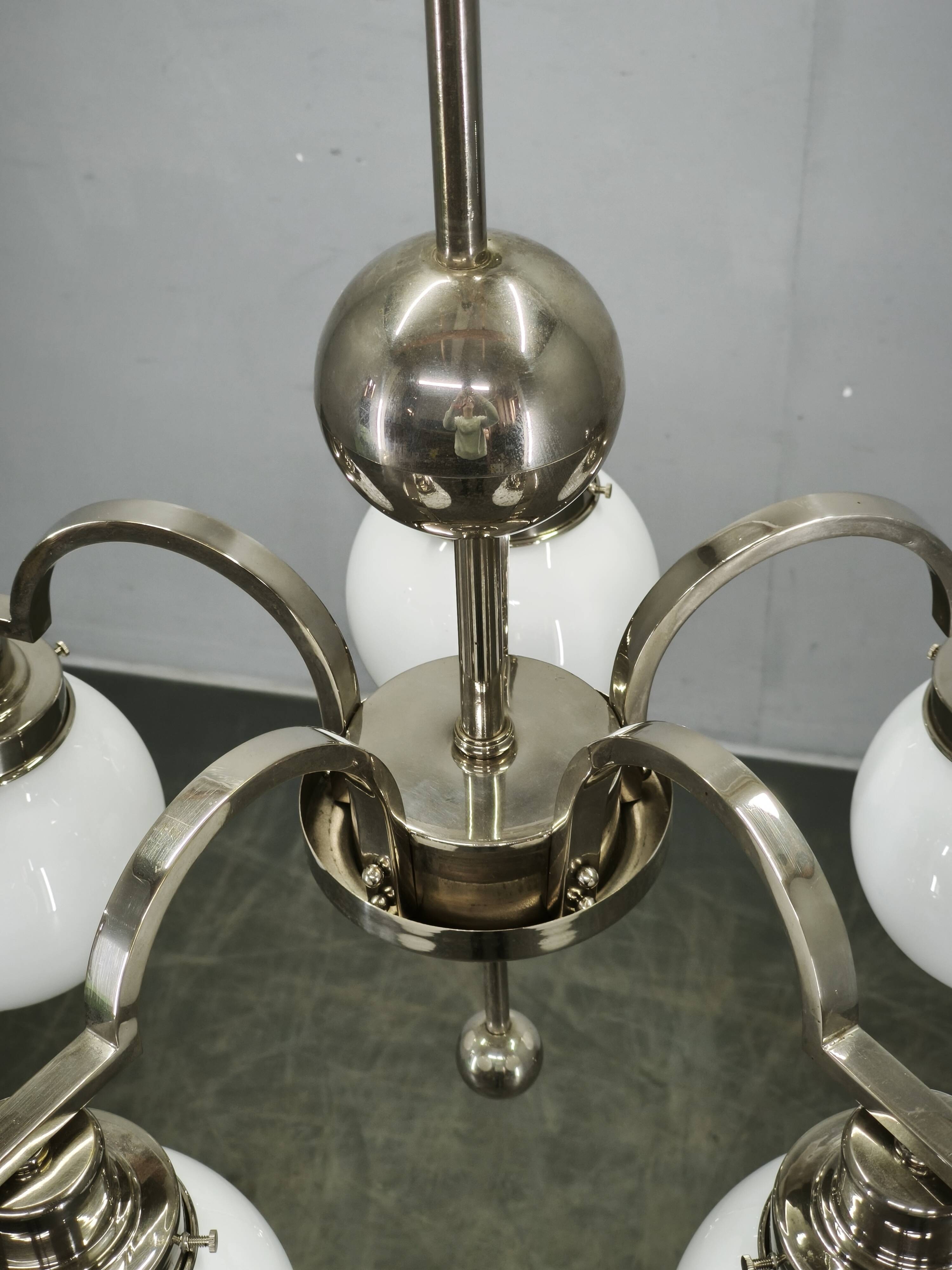 Art Deco Five-Light Chrome Chandelier, Czechoslovakia, 1930s