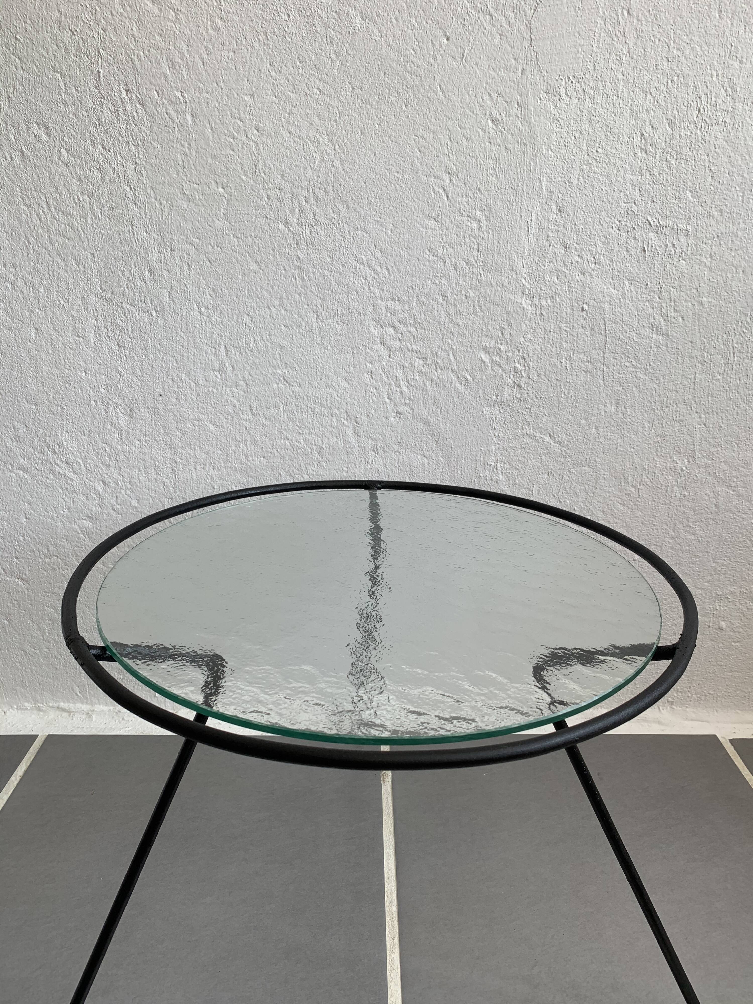 Vintage tripod glass and metal coffee table