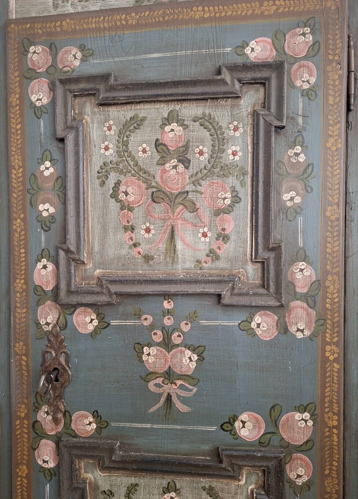 Antique blue hand-painted small Alpine wardrobe, circa 1810-20