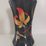Longwy, Louis Valenti Black vase decorated with tiger lilies in polychrome enamels
