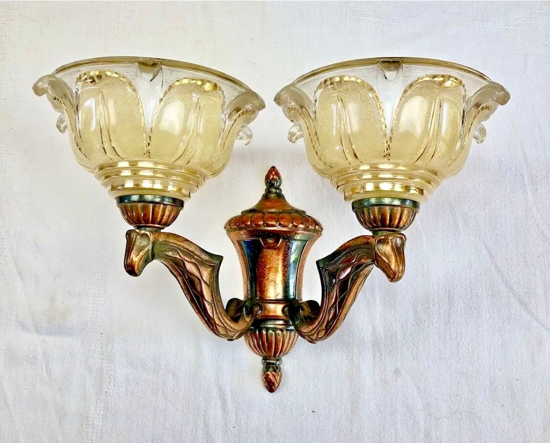 Wall lamp double fires copper metal art deco glassware ezan opalescent gilded