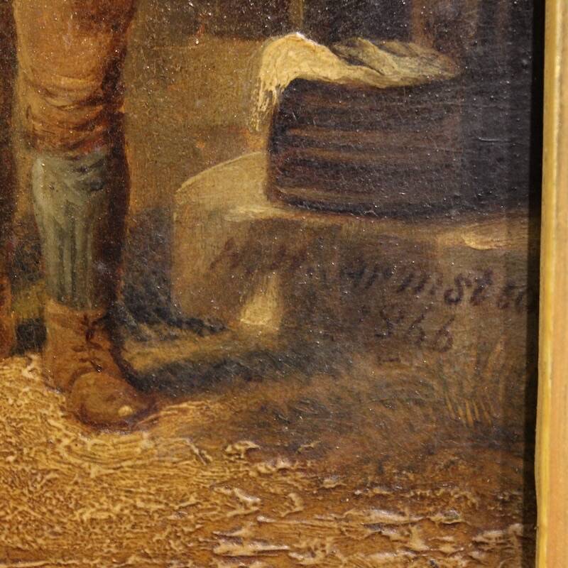 Peinture anglaise antique d'une scène de genre rural datée de 1866