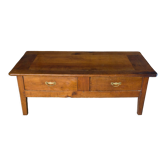 Table basse de ferme rustique en merisier XIXe 2 tiroirs