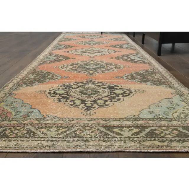 Tapis couloir vintage turc Oushak fait main en laine et coton orange des années 1970 112x402